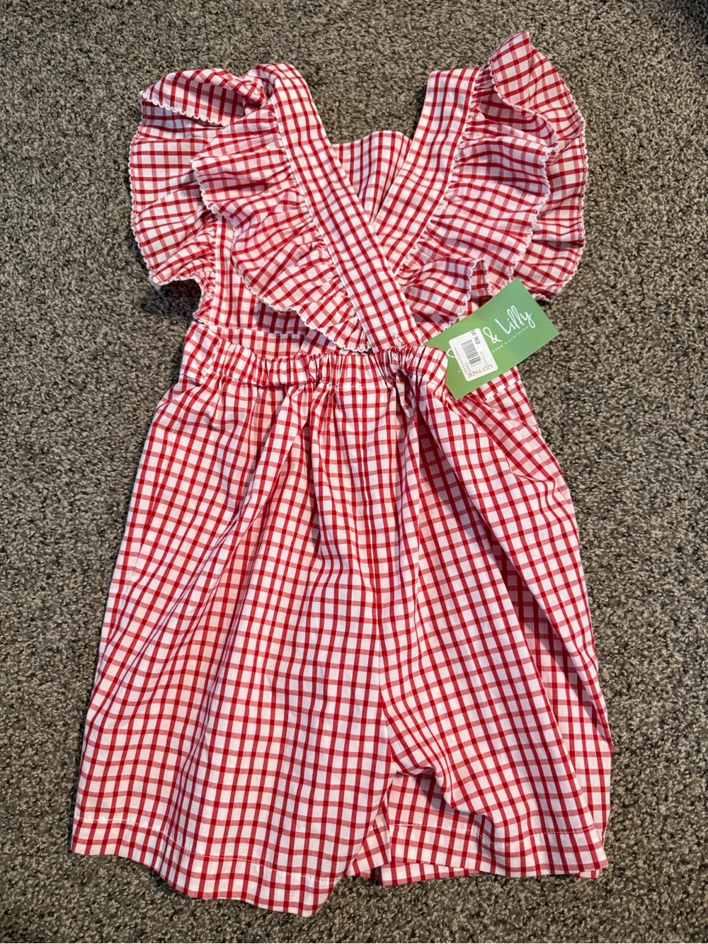 Kids Red and White Gingham Kids One-Piece Romper with Ruffle Sleeves - Picture 2 of 3